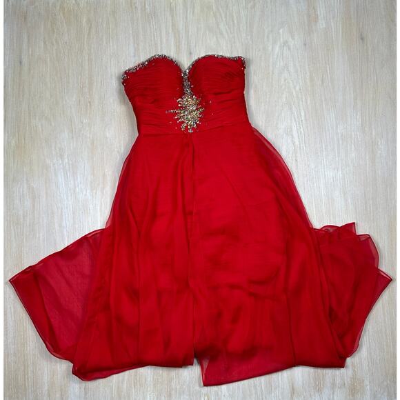 Mac Duggal Red Strapless Embellished Sequin High Low Formal Evening Gown Dress 4 - Picture 1 of 16